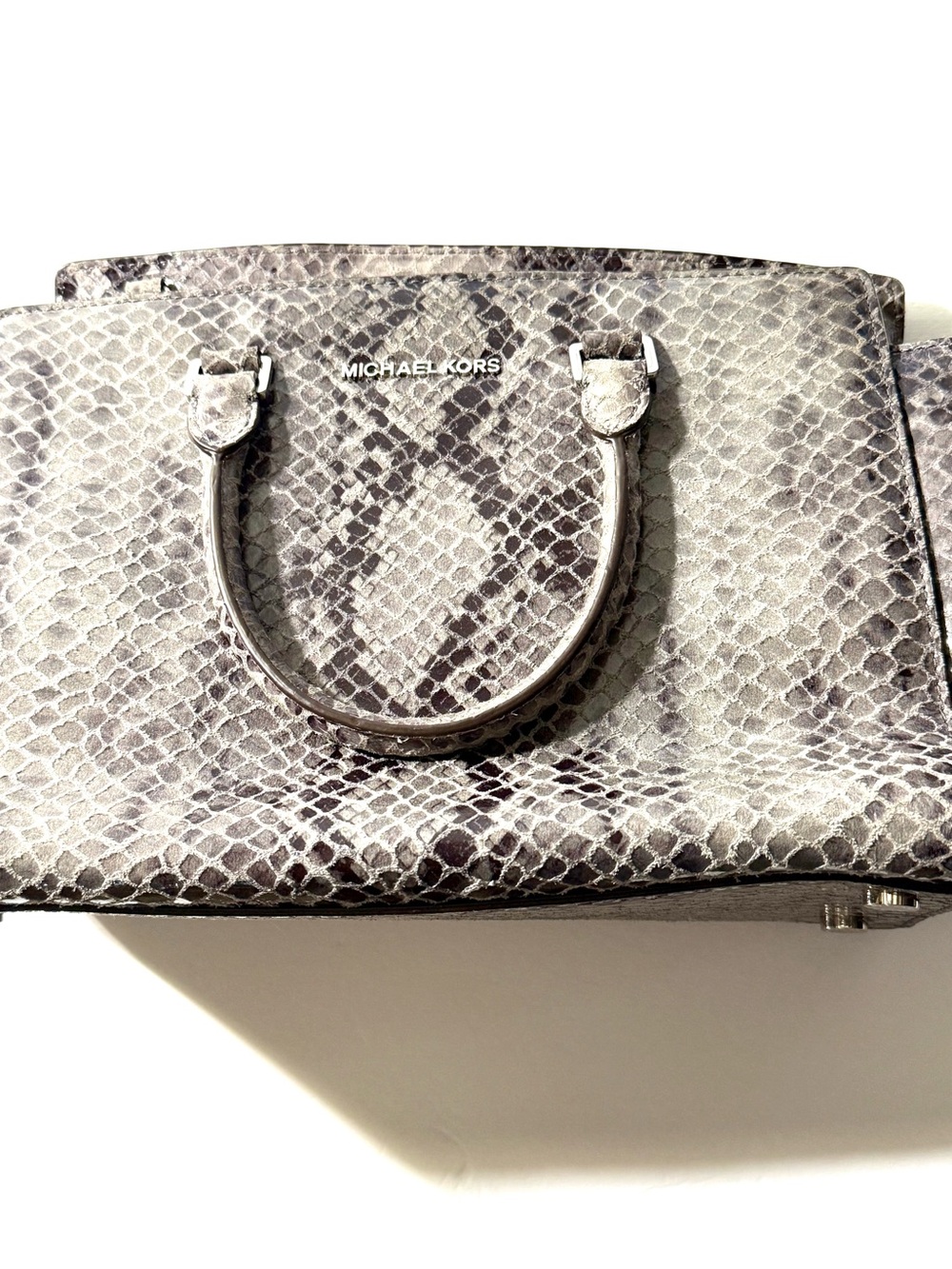 Michael Kors Snake-Print Leather Satchel in Gray and Black